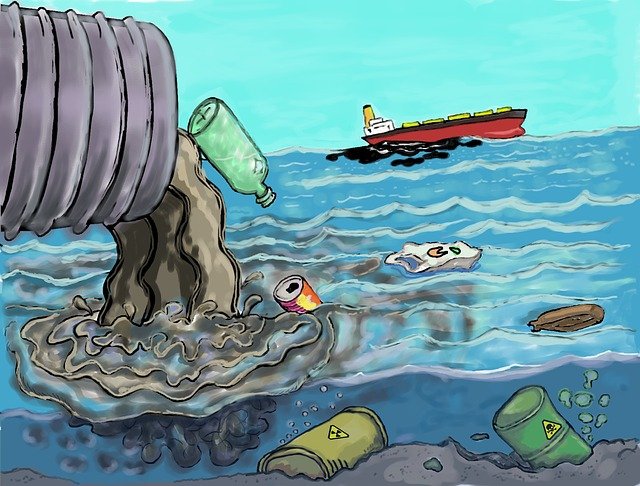 Imagen animada de una tubería de aguas negras siendo depositada cobre un rio creando contaminación